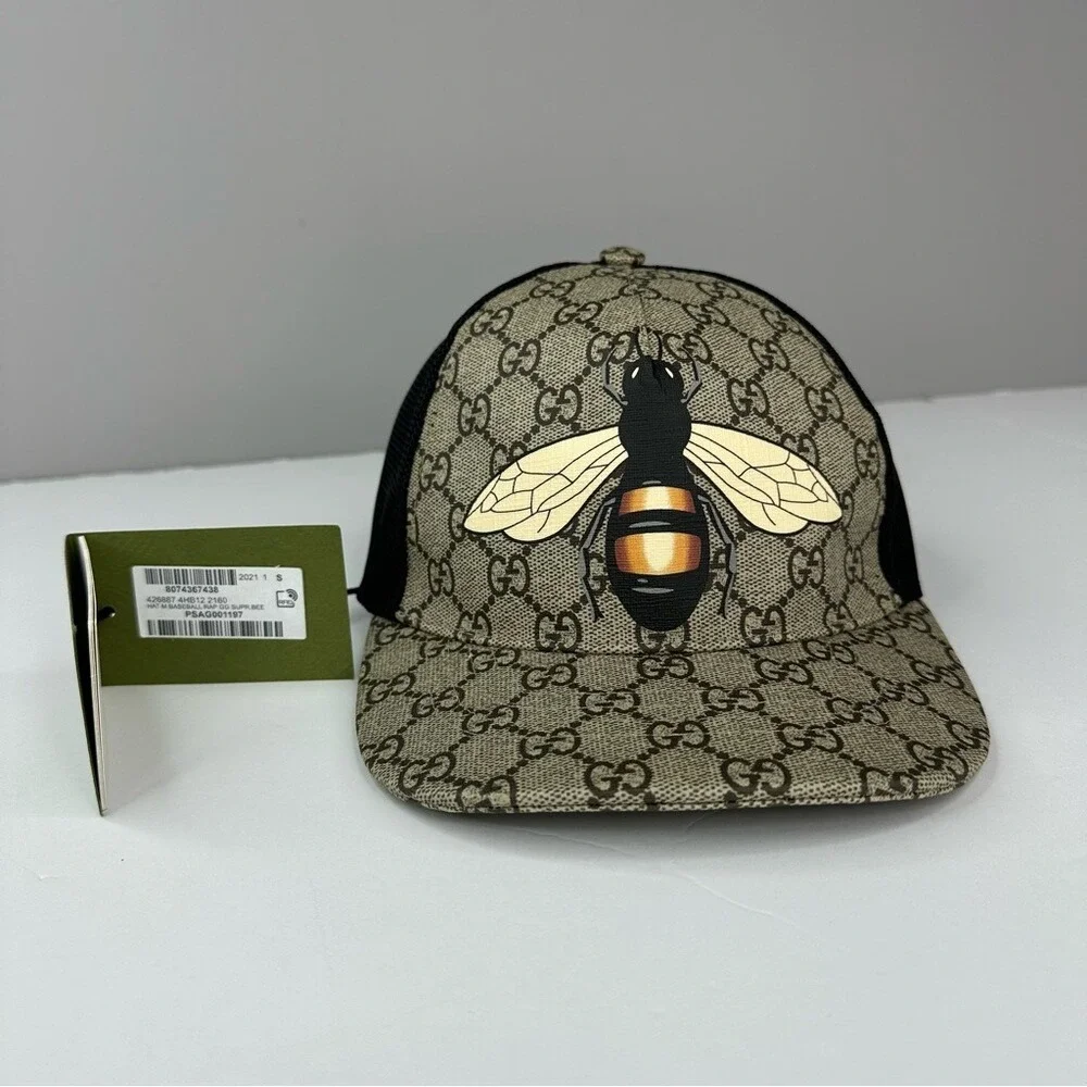 Gucci GG Supreme Mens Bee Baseball Hat Beige‎ Ebony Black Mesh 57cm